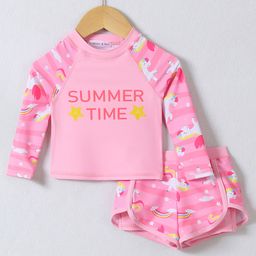 Mark & Mia Full Raglan Sleeves Two Piece Swimsuit with Unicorn Print - Pink-10