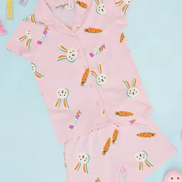 Pantaloons Junior Cotton Knit Half Sleeves Bunny Printed Coordinating Night Wear Set - Cloud Pink-picture-29