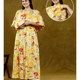 Dummy Shape Cotton Rayon Half Cape Sleeves Floral Printed Maternity Night Gown With Nursing Access - Yellow-image-64