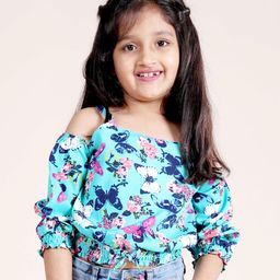 Kiddopanti Cold Shoulder Sleeves Floral & Butterfly Printed Top - Aqua Blue-image-13