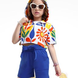 OLLINGTON ST. Cotton Half Sleeves Tropical Printed Hoodie Top & Shorts - Yellow & Royal Blue-image-90
