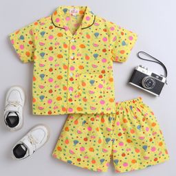 The Magic Wand Cotton Woven Half Sleeves Fruits Printed Coordinating Night Suit Set - Yellow-image-102