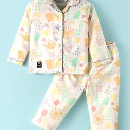 Enfance Core Cotton Woven Full Sleeves Garden Theme Printed Coordinating Night Suit Set - Lemon Yellow-image-83