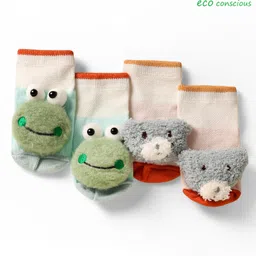 Babyoye Cotton Bamboo Knit Ankle Length Anti Skid Socks with Animal Applique Pack of 2 - Light Blue & Peach-picture-18