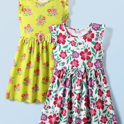 Honeyhap Premium Cotton Knit Bio Finish Sleeveless Frock with Floral Print & Bow Applique Pack of 2 - Evening Primrose & Bright White-image-65