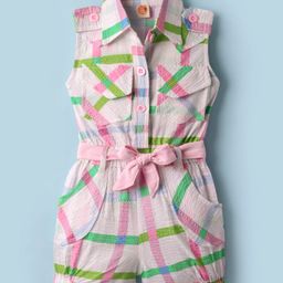Dew Drops Poplin Woven Sleeveless Jumpsuit with Check Design & Belt - Pink-image-54