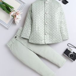 Fourfolds Woven Full Sleeves Sequins Embellished Jodhpuri & Trouser Set - Green-image-47