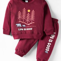 Tango Knit Full Sleeves Winter Wear Fleece Sweatshirt & Lounge Pant Set with Life is Good Print - Wine-picture-15