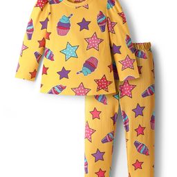 Babyhug Cotton Knit Full Sleeves Co-Ord Night Suit with Star & Cupcake Print - Yellow-picture-26