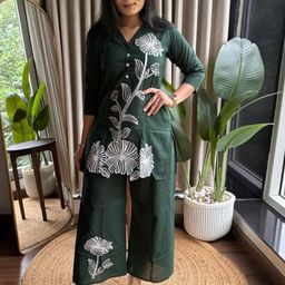 Moda Rapido Floral Embroidered Mandarin Collar Aari Work Pure Cotton Kurta With Trousers-image-55