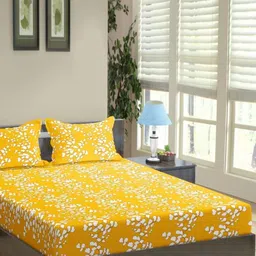 Trance Home Linen Yellow Floral 200 TC Cotton Fitted Single Bedsheet Set 1.52m x 2.54m-52