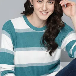 Mast & Harbour Women White & Teal Green Striped Acrylic Pullover-image-58