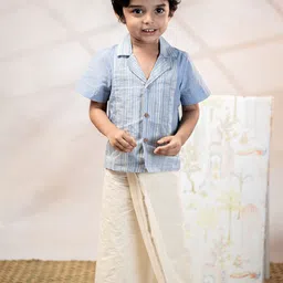 MIRALI Boys Striped Cuban Collar Pure Cotton Shirt Paired With A Mundu-image-26