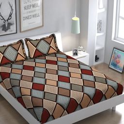 Luxmi Cotton Fabrics Brown & Mustard 144 TC Queen Bedsheet with 2 Pillow Covers-image-56
