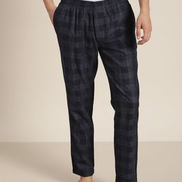 ether Men Navy Blue & Charcoal Grey Checked Pure Cotton Lounge Pants-image-4