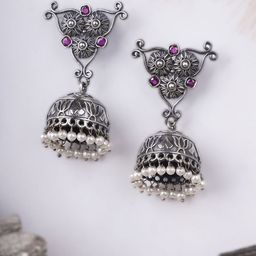 Adwitiya Silver-Plated Artificial Stones Studded And Beaded Dome Shaped Jhumkas-10