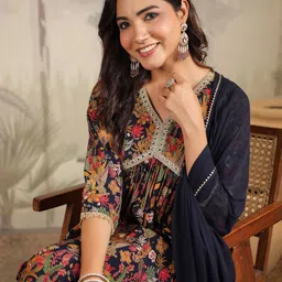 Janasya Floral Printed Gotta Patti Chanderi Silk A-Line Kurta With Trousers & Dupatta-picture-55