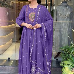 SRILICA Floral Embroidered Notch Neck Pleated Anarkali Kurta With Trousers & Dupatta-image-66