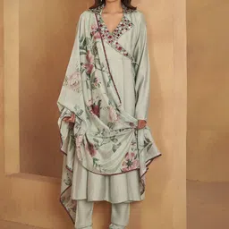 Anouk Floral Embroidered Lapel Collar Chanderi Silk Anarkali Kurta With Churidar & Dupatta-picture-45