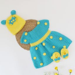 Woonie Handmade Floral Pattern Embroiderd With Bow Detailed Cap & Booties - Blue & Yellow-picture-43