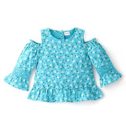Babyhug Rayon Full Sleeves Cold Shoulder Floral Printed with Lace Detailing Top - Blue-image-1
