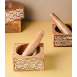 Araana Home Trikona Okhli Engraved wooden mortar pestle set-image-4