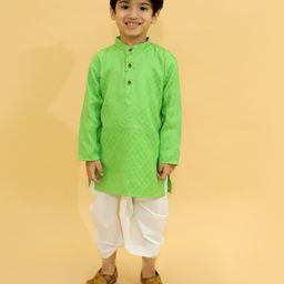 MoMaa Full Sleeves Self Designed Cotton Silk Kurta With Zari Work Detailed Dhoti - Green-picture-4