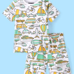 Pine Kids 100% Cotton Knit Single Jersey Night Suit With Vehicles Print - White & Green-picture-36