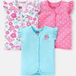 Babyhug 100% Cotton Knit Frill Sleeves Polka Dots & Floral Printed Antibacterial Front Open Vests Pack of 3 - Multicolour-image-17