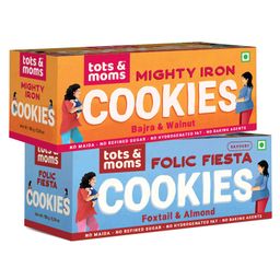 Tots & Moms Foods | Box of 2 Cookies| Mighty Iron - Bajra & Walnut |Folic Fiesta - Foxtail Millet & Almond | 150g Each-95
