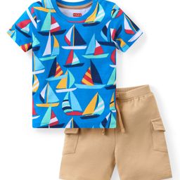 Babyhug Single Jersey Knit Half Sleeves T-Shirt & Shorts Set with Boat Print - Blue & Beige-image-36