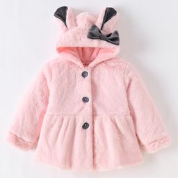 Kookie Kids Full Sleeves Front Open Hooded Fur Winter Jacket with Bow & Ears Applique - Pink-image-34