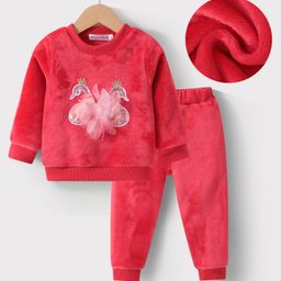 Kookie Kids Full Sleeves Top & Lounge Pants Set With Sequins & Floral Applique Solid Color - Red-image-86