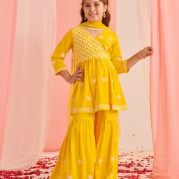 Pspeaches Cotton Rayon Three Fourth Sleeves Floral Embroidered Empire Kurta With Sharara & Dupatta - Yellow-image-85