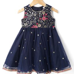 Babyhug Woven Sleeveless Net Embroidered Ethnic Dress With Sequin Detailing - Navy Blue-image-60