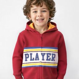 Babyhug Cotton Knit Full Sleeves Text Printed  With Quilting Detailing Hooded Sweatjacket & Front Zipper - Red-image-83