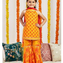 Vastramay Chiffon Sleeveless Floral Printed & Lace Embellished Kurta & Sharara With Dupatta Set - Yellow-image-95