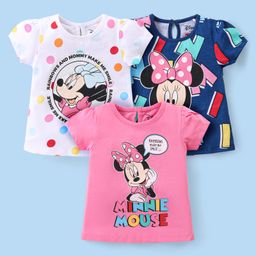Babyhug Disney Single Jersey Knit Half Sleeve T-Shirts With Minnie Mouse Graphics Pack of 3 - Pink White & Navy Blue-image-84