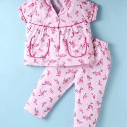 Dew Drops Poplin Half Sleeves Night Suit with Floral Print - Pink-image-23