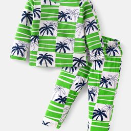 Babyhug Cotton Knit Full Sleeves Night Suit with Coconut Tree Print - Green & White-image-29