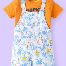 Babyhug Single Jersey Knit Half Sleeves T-Shirt & Dungaree with Beach Theme Print - White & Orange-image-74