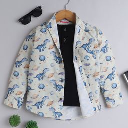 BAATCHEET Cotton Full Sleeves Dinosaur Printed Shirt With Attached Tee - Lemon Yellow-image-79