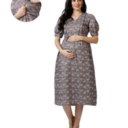 Mom for sure by Ketki Dalal Pure Cotton Woven Half Puffed Sleeves Floral Motif Printed Maternity Dress With Side Seam Nursing Access - Grey-image-96