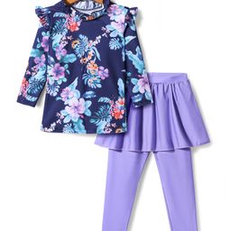 KIDLINGSS Full Sleeves Flower Printed Top & Leggings With Attached Skirt - Blue & Purple-image-31