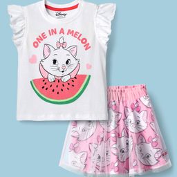 Babyhug Disney Single Jersey Knit Frill Sleeves Top & Skirt Set with Marie Graphics - White & Pink-image-92