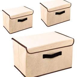 House of Quirk 3 Pack Foldable Storage Bin with Lid and Handle Versatile Storage Baskets Boxes for Toys Clothes Papers Books - Beige-picture-2