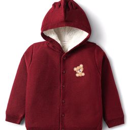 Babyhug Knit Full Sleeves Hooded Front Open Sweater with Bear Patch - Dark Red-image-12