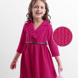 Hola Bonita Knit Full Sleeves Solid Textured Frock with Collar with Belt - Dark Pink-image-42