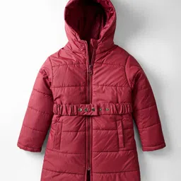 Pine Kids Woven Full Sleeves Solid Coloured Padded Hooded Jacket With Belt - Maroon-picture-31