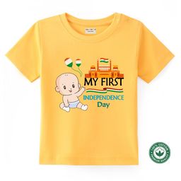 BLUSHES 100% Cotton Knit Independence Day Theme Half Sleeves My First Independence Day Text Printed Tee - Yellow-image-73